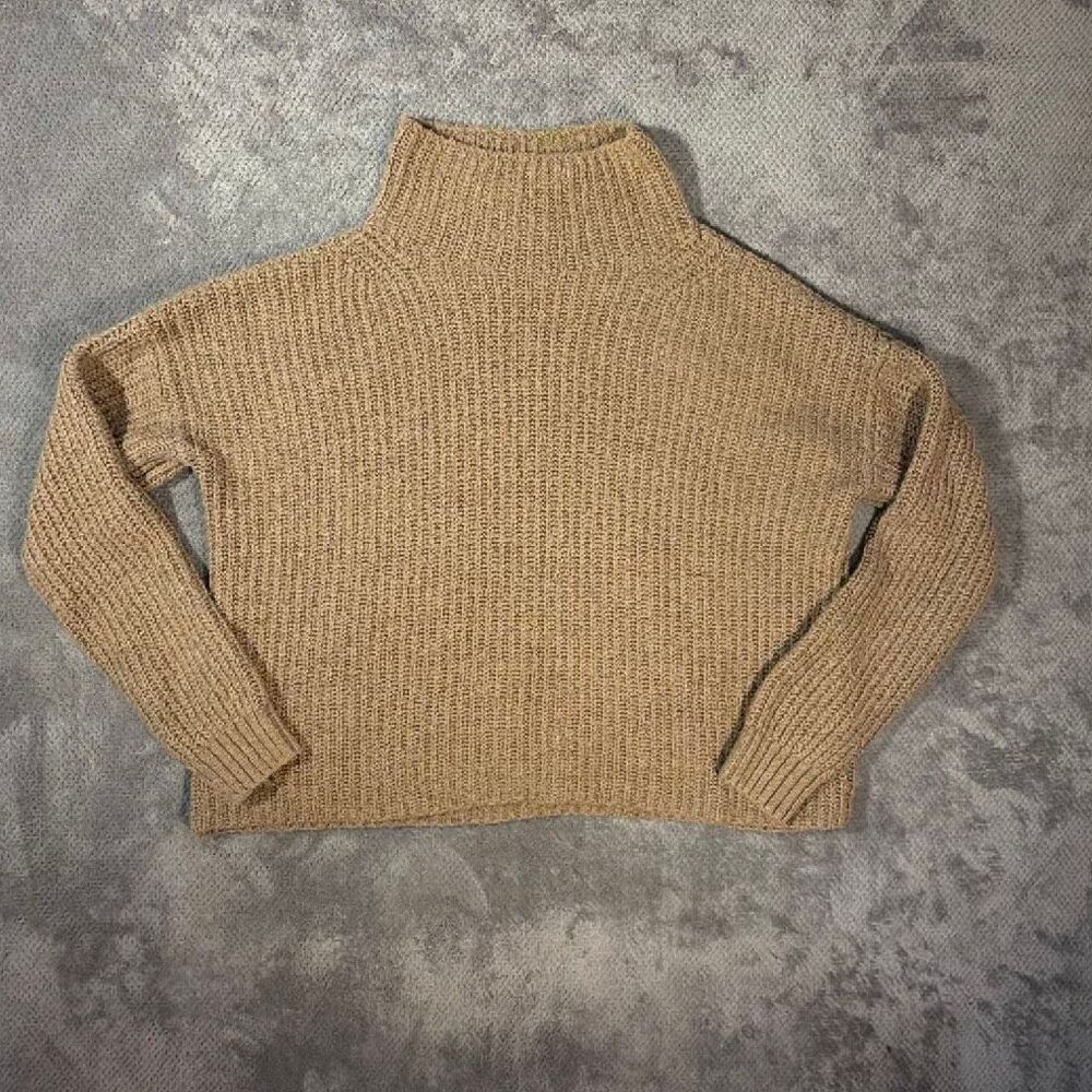 Anthropologie Medium Beige Chunky Knit Mock Neck Sweater Oversized Boxy Pullover